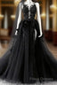 Black V-Neckline Backless Tulle With Lace Party Dress, Black Long Formal Prom Dress