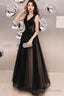 Black V-Neckline Tulle Lace Applique Long Party Dress Prom Dresses, Black Evening Dresses