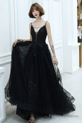 Black V-Neckline Tulle With Lace Applique Long Prom Dress, Black Evening Dress
