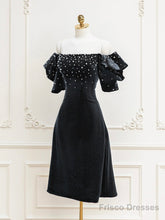 Black Velvet Beads Short Prom Dress, Black Evening Dress