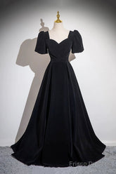 Black Velvet Floor Length Prom Dress, A-Line Short Sleeve Evening Party Dress