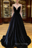 Black Velvet Long A-Line Formal Prom Dress, V-Neck Backless Evening Formal Dress