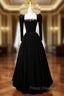 Black Velvet Long Sleeve Crystal Formal Prom Dress