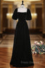 Black Velvet Puff Sleeve Pearls Formal Prom Dress
