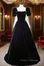 Black Velvet Short Sleeve Square Neck Crystal Formal Prom Dress
