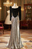 Black Velvet Silver Sequins Long Sleeve Formal Prom Dress