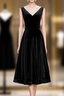 Black Velvet V-neck Short Sleeve Tea Length Formal Prom Dress