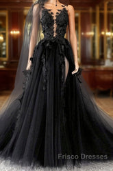 Black Lace Long Formal Prom Dress, A-Line Backless Evening Dress