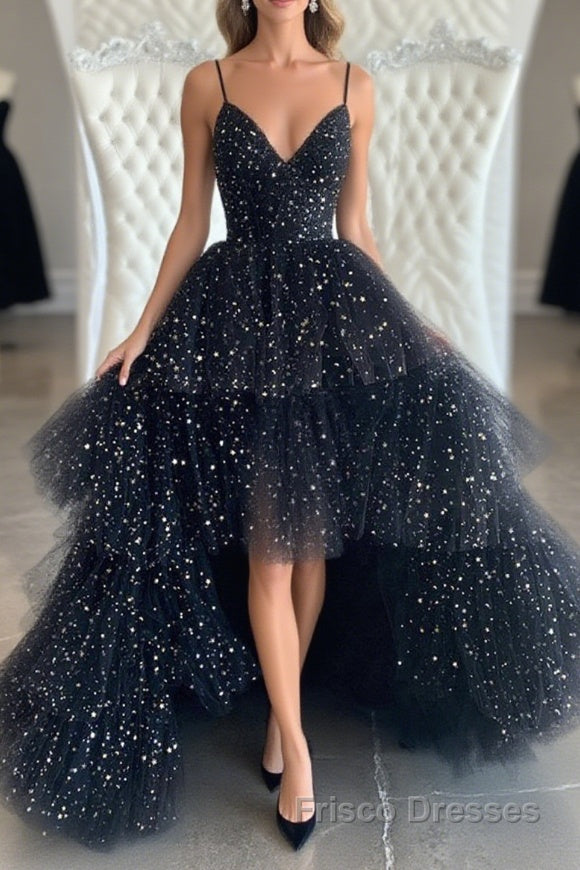 Bling Bling V Neck High Low Black Long Formal Prom Dresses, Fluffy Bla Frisco Dresses Bling Bling V Neck High Low Black Long Formal Prom Dresses, Fluffy Bla Frisco Dresses