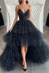Bling Bling V Neck High Low Black Long Formal Prom Dresses, Fluffy Black Formal Evening Dresses, Ball Gown