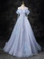 Blue A-Line Off Shoulder Tulle Long Formal Prom Dress, Blue Formal Dress