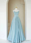 Blue A-Line Satin Beaded Long Prom Dress, Blue Evening Dress Formal Dress