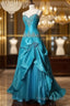 Blue A-Line Spaghetti Straps Satin Beaded Long Formal Prom Dress Sweetheart Neck Applique Graduation Formal Prom Dress