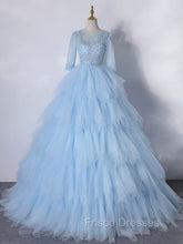 Blue A-Line Tulle Lace Long Formal Prom Dress, Blue Lace Formal Evening Dress