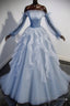 Blue A-Line Tulle Lace Long Formal Prom Dresses, Blue Formal Evening Dresses