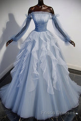 Blue A-Line Tulle Lace Long Formal Prom Dresses, Blue Formal Evening Dresses