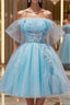 Blue A-line Tulle Short Formal Prom Dresses, Blue Homecoming Dresses