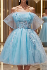 Blue A-line Tulle Short Formal Prom Dresses, Blue Homecoming Dresses