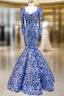 Blue And Silver Sequins Mermaid Long Sleeve Square Formal Prom Dress