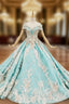 Blue Ball Gown Off the Shoulder Appliques Beading Formal Prom Dress