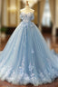 Blue Ball Gown Tulle Appliques Off The Shoulder Backless Sweet 16 Formal Prom Dress
