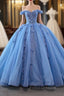 Blue Ball Gown Tulle Off the Shoulder Sequins Appliques Formal Prom Dress