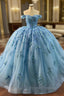 Blue Ball Gown Tulle Sequins Flower Formal Prom Dress