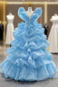 Blue Ball Gown Tulle Tiers See Through V-neck Formal Prom Dress