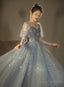Blue Beaded A-Line Tulle Long Party Dress, Blue Evening Dress Prom Dress