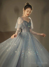 Blue Beaded A-Line Tulle Long Party Dress, Blue Evening Dress Prom Dress