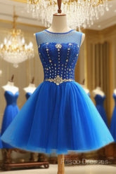 Blue Beaded Tulle Short Cute Homecoming Dress, Blue Short Party Dress Formal Prom Dress