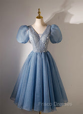 Blue Beaded Tulle Short Sleeves Formal Dress, Blue Homecoming Dress Formal Prom Dress
