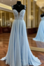 Blue Chiffon Appliques Straps Formal Prom Dress
