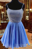 Blue Chiffon Beads Backless Short Formal Prom Dress, Blue Homecoming Dress