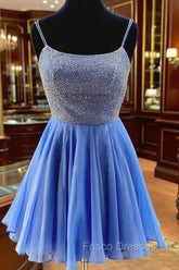 Blue Chiffon Beads Backless Short Formal Prom Dress, Blue Homecoming Dress