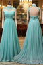 Blue Chiffon Lace And Beaded Cap Sleeves Formal Prom Party Dress, A-Line Chiffon Formal Dress