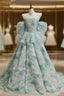 Blue Floral A-Line Strapless Organza Long Formal Prom Dress Graduation Formal Prom Dress