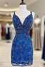 Blue Floral Lace Beaded Lace-Up Back Cocktail Dress
