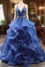 Blue Glitter Tulle Long A-Line Formal Prom Dress, V-Neck Spaghetti Strap Backless Evening Party Dress