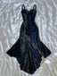 Blue Gorgeous Exquisite Applique Lace Spaghetti Straps Long Satin Prom Dress Evening Dress Party Dress
