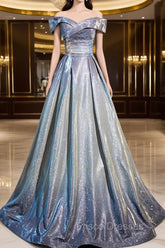 Blue Gradient A-Line Floor Length Formal Prom Dress, Blue Off The Shoulder Evening Party Dress