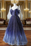 Blue Gradient Tulle Long Formal Prom Dress, Spaghetti Strap Evening Dress