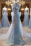 Blue Halter Beading Sequin Mermaid Formal Prom Dress With Detachable Bow