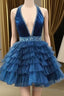 Blue Halter Multi-Layered Tulle Homecoming Dress