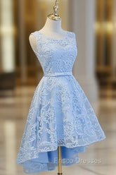 Blue High Low Lace Formal Prom Dress, Blue High Low Lace Graduation Homecoming Dress
