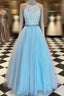 Blue High Neck Lace Tulle Long Formal Prom Dress, Blue Formal Dress