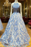 Blue High Neck Tulle Lace Long Formal Prom Dress Blue Lace Evening Dress
