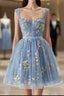 Blue Knee Length Tulle Party Dress, Cute Blue Floral Tulle Homecoming Dress