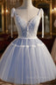 Blue Lace Short A-Line Formal Prom Dress, Cute V-Neck Homecoming Party Dress