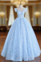 Blue Long Lace Floral Formal Prom Dress, Long Blue Lace Formal Evening Dress with Flowers